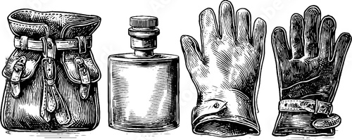 Vintage outdoor accessories: belt pouch, gloves, and flask sketch for retro design
