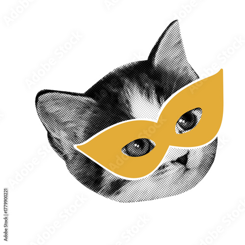 Pretty kitty pet halftone head cut out wearing carnival mask. Collage design element for greeting cards, invitations, masquerade ball. Festive joy and charming winter character