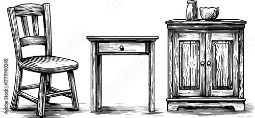 Vintage furniture set featuring hand drawn chair table and cupboard for home decor