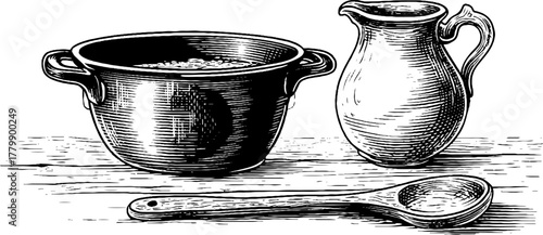 Vintage kitchenware sketch: cast iron pot, wooden spoon, clay jug on rustic table