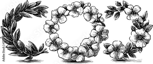 Vintage floral wreath set with open and circular designs for artistic decoration