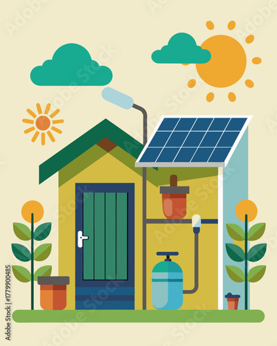 A community gardens restroom facility powered by solar panels and utilizing rainwater collection for flushing s and hand washing.. Vector illustration