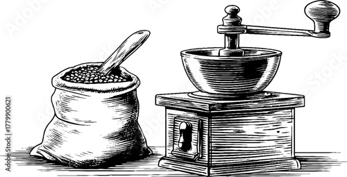 Rustic kitchen tools: hand mill, grain bag, sieve in vintage engraving style for rustic design