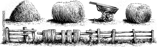 Rustic farm elements with haystack, wooden fence, and wheelbarrow sketch for retro design