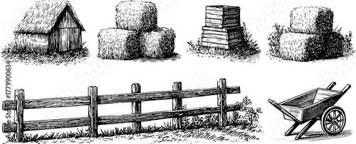 Rustic farm tools and structures: haystack, wooden fence, and wheelbarrow illustration