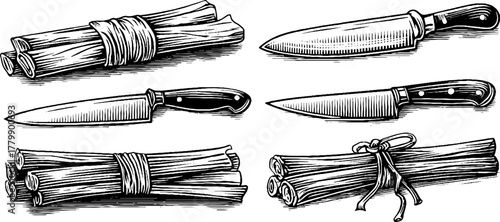 Vintage hand drawn knives and reed bundles engraving for retro design
