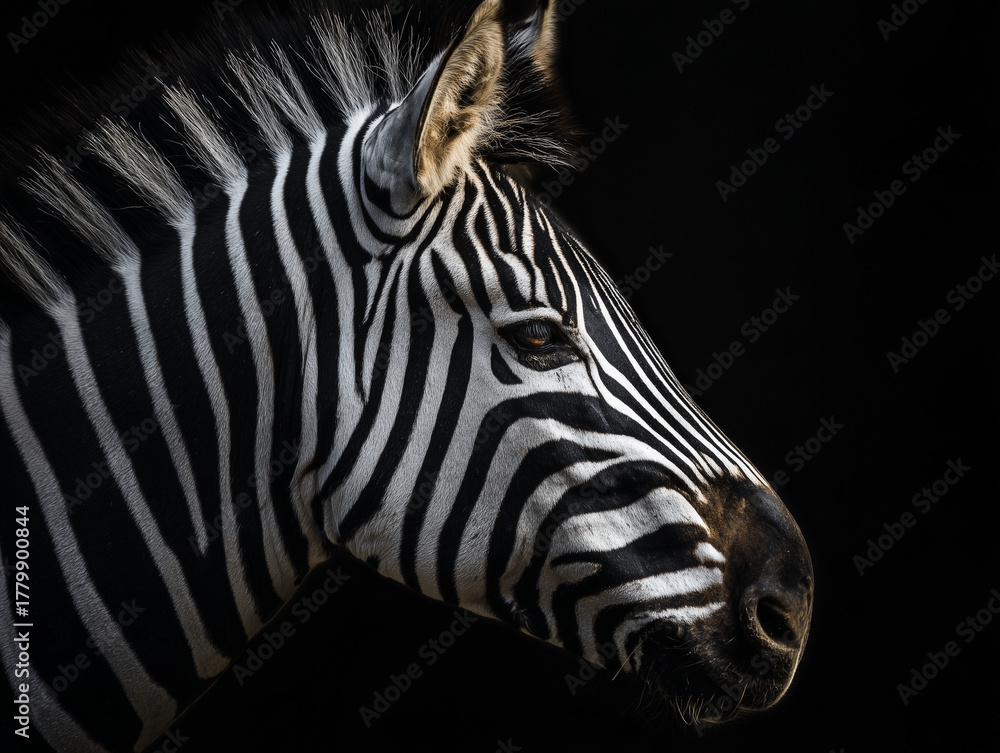Obraz premium Zebra profile with striking black and white stripes against dark background, showcasing its unique features and captivating gaze