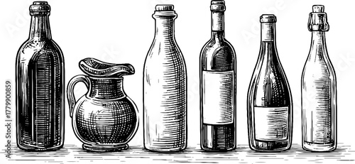 Vintage collection of milk bottles, cider jugs, and wine bottles - hand drawn engraving for label or design
