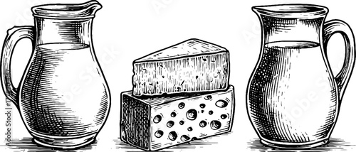 Vintage dairy set: milk jug, cheese wedge, butter block sketch for retro design