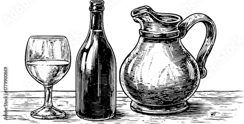 Vintage beverage collection featuring milk bottle, cider jug, and wine glass engraving for retro design