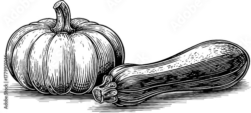 Vintage pumpkin and zucchini illustration in engraving style for design use