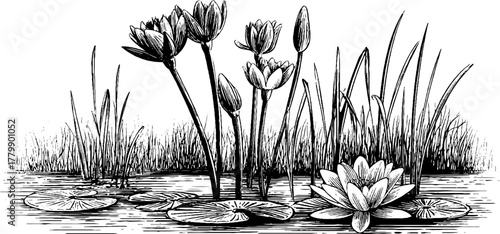 Vintage hand-drawn water lily and reed scene in misty still water setting