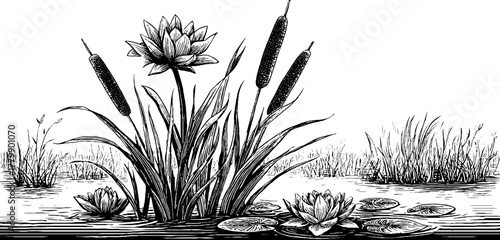 Vintage botanical sketch of reed and water lily on misty lake for nature design