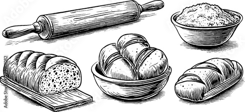 Vintage kitchen tools and bread sketch – rolling pin, bread peel, dough bowl for culinary design