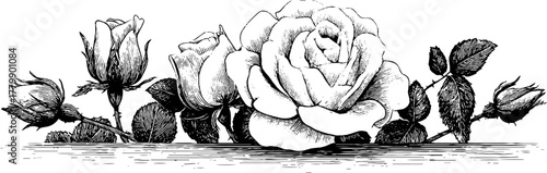 Elegant vintage rose border with rosebuds and thorny stems for design and decoration