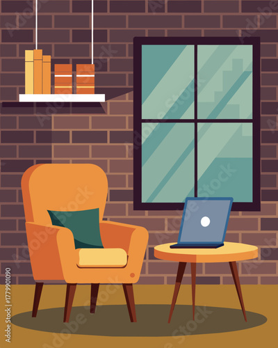 A cozy corner of a loft apartment features a laptop perched on a rustic wooden table adorned with a plush velvet chair and exposed brick walls.. Vector illustration