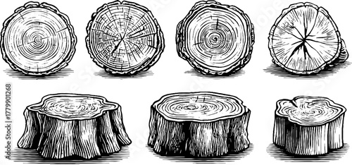 Vintage hand drawn tree rings and stumps set for retro design and nature projects