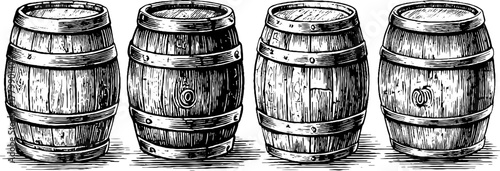 Vintage wooden barrels and tools collection for design and craft projects