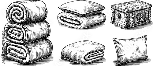 Vintage sketch of wool blankets, pillows, and linen cloth set for design