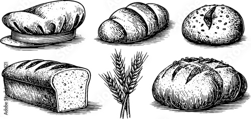 Vintage bakery elements set featuring bakers hat, various bread loaves, and wheat for culinary designs