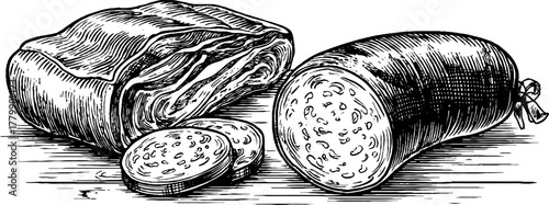 Vintage engraving style set of bacon sausage ham for culinary design