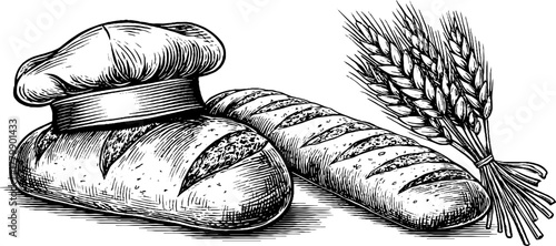 Vintage bakery set with bread, baker's hat, and wheat in engraving style