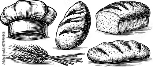 Vintage baking elements: hand-drawn baker's hat, bread loaves, and wheat sketch for culinary design