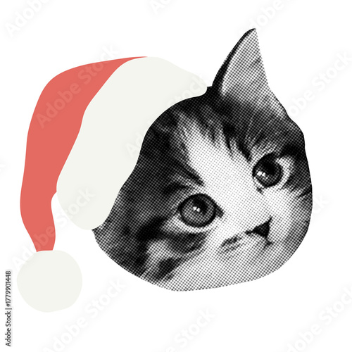 Halftone feline wearing Christmas Santa hat.Retro naive comic style well-suited for branding, packaging, and seasonal promotions.Decor for friendly, cute, and celebrative holiday design.