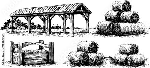 Rustic farm elements in vintage engraving style for design use