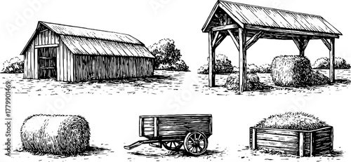 Rustic farm elements: barn, hay bale, feeding trough, and cart in vintage engraving style for design use