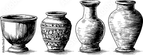 Vintage engraving of clay bowl and ceramic vase set for artistic design