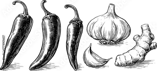Hand drawn vintage engraving of chili peppers, garlic, and ginger for retro culinary design