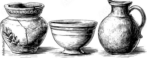 Vintage engraving style collection of clay pottery including ceramic bowl and jug