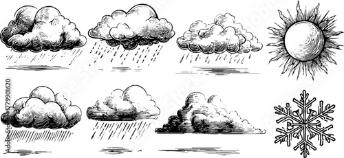 Vintage engraving of weather elements set: clouds, rain, sun, and snowflake for retro design