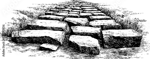 Vintage engraving of cobblestone path with cracked rock stone texture