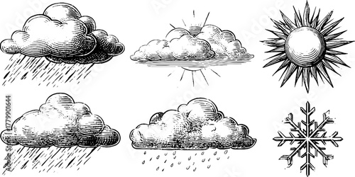 Vintage weather elements set: hand drawn clouds, rain, shining sun, and snowflake for retro designs