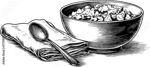 Vintage engraving style cottage cheese bowl with spoon and cloth for retro kitchen decor