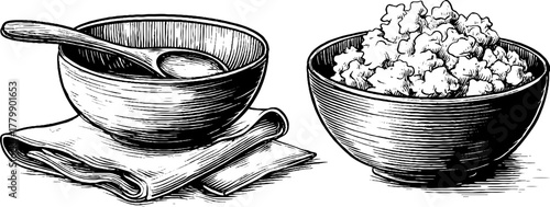 Vintage sketch of cottage cheese and wooden spoon in bowls for retro kitchen decor