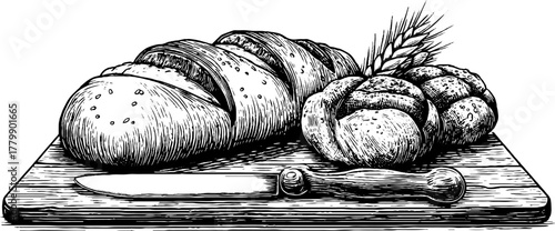 Vintage sketch of country loaf bread with knife on wooden board - rustic bakery art design