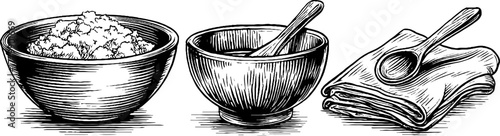 Vintage engraving of cottage cheese and spoon set for culinary design