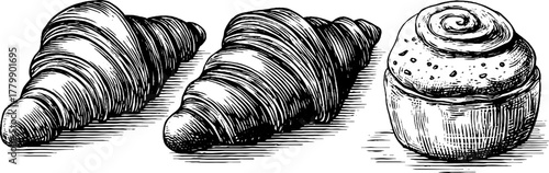 Vintage engraving style set of croissant and cinnamon roll for bakery design
