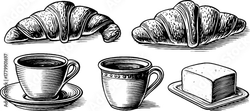 Vintage engraving breakfast set with croissants coffee and butter for retro dining design
