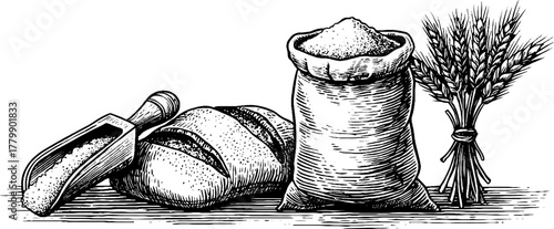 Vintage engraving style set with grain sack, wooden scoop, and wheat for rustic design