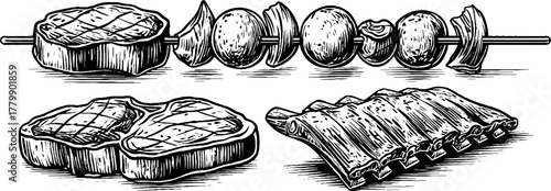 Vintage engraving of grilled steak, kebab, and barbecue skewer set for retro culinary design
