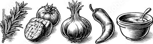 Vintage engraving of grilled vegetables and rosemary for culinary design