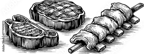 Vintage engraving of grilled steak and kebab skewer for restaurant design