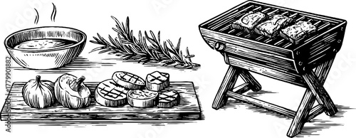 Vintage engraving set of grilled vegetables with rosemary for culinary design