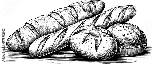 Vintage engraving of a bread selection featuring loaf, baguette, and round rolls for bakery design