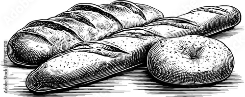 Vintage engraving style loaves of bread and baguette illustration for culinary designs