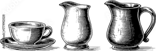 Vintage engraving style milk glass and pitcher set for design and decoration